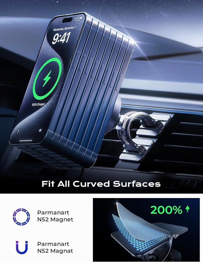 LISEN for 15W MagSafe Car Mount Charger,iPhone Magnetic Wireless Car Charger for iPhone 16 Pro Max Accessories,Car Phone Holder For iPhone 16 15 14 13 12,Samsung with MagSafe Case,Gifts for Men,Sliver