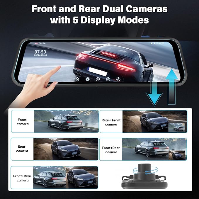 Rear View Mirror Camera, Mirror Dash Cam for Car 1080P Front & Rear Mirror Cameras 9.66 Inch HD IPS Full Touch Screen 64G Card Night Vision Motion Detection Loop Recording 24H Parking Monitor G-Sensor