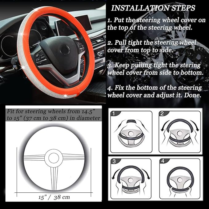 New Diamond Leather Steering Wheel Cover with Bling Bling Crystal Rhinestones, Universal Fit 15 Inch Car Wheel Protector for Women Girls Orange