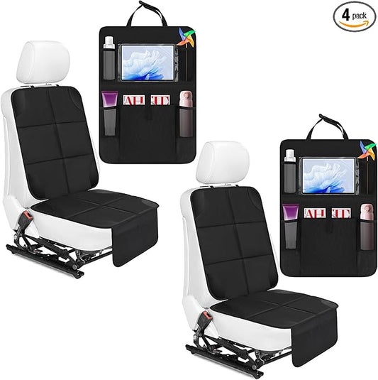 4 Pack Non-slip Car Seat Protector and Backseat Organizer Kick Mat with Tablet Holder, Large Waterproof Car Seat Protector with Storage Pockets for Leather and Fabric