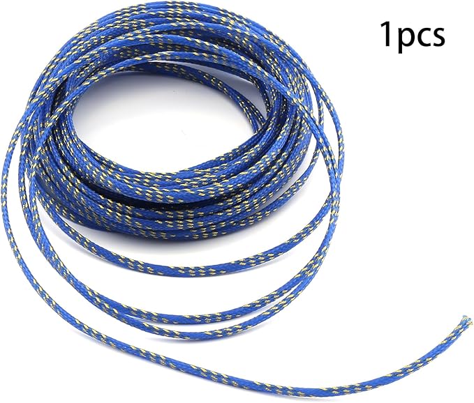 Aicosineg Cable Sleeve Braided Sleeving PET Wire Loom Tubing Cable 32.81ft-1/6inch Wrap Protector for HiFi Audio and Video Headphone Cable Protect Wires from Chewing of Pets Blue and Gold