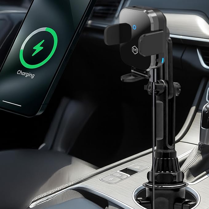 Fast Wireless Car Charger Cup Holder Phone Mount - Mini Grip Cradle Version 2.0,15W Qi Charging, Adjustable Stand, Fits iPhone 15, 14, 13, Samsung Galaxy Z Flip 3/4, S24, and More - Secure Auto-Grip
