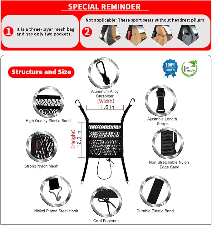 Car Accessories, Organizer Storage Between Front Seats, Purse Handbag Holder of 3 Layers Mesh Net Pocket Bag, Backseat Dog Pet Barrier, Patented