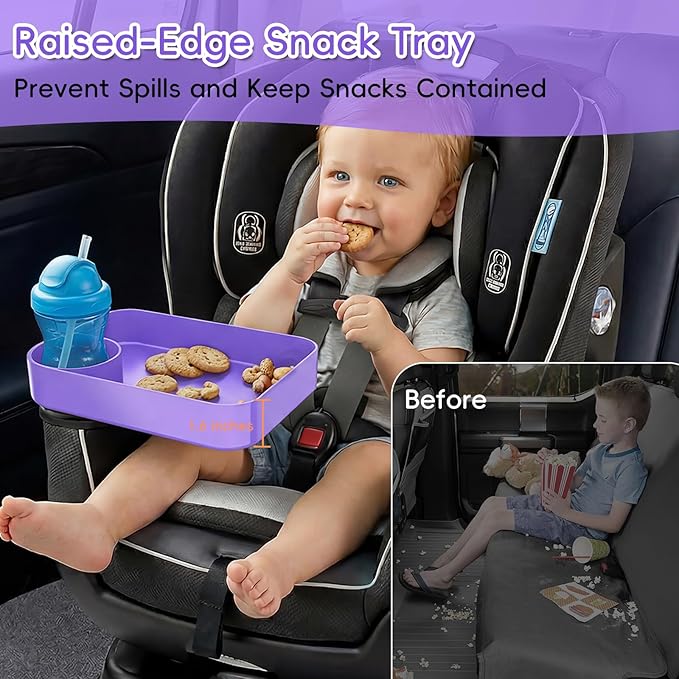 Kids Car Seat Tray, Travel Tray with Cup Holder for Toddler Baby, Kids Car Seat Food Snack Organizer for Road Trip, Stroller Snack Organizer Travel Must Haves Toddler Must Haves (Purple, 2 Packs)