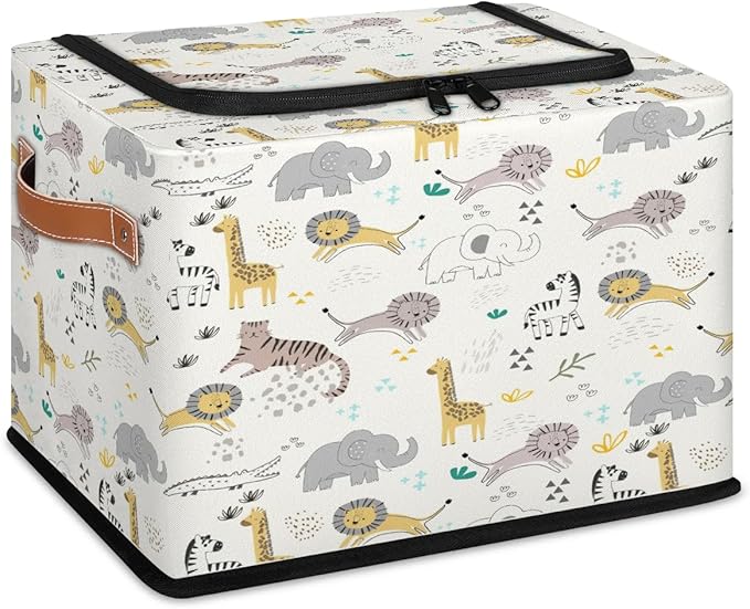 Large Toy Box Collapsible Storage Bins with Lids Closet Storage Baskets for Organizing Shelves Nursery Toy Storage Organizer Boxes for Kids, Boys, Girls (Cute Zebra Giraffe Lion Elephant Animal)