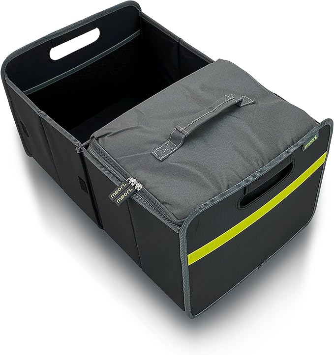 meori Collapsible Trunk Organizer for Car with Cooler for Groceries Road Trips 2 Compartments Heavy Duty Mesh Pocket Ripstop