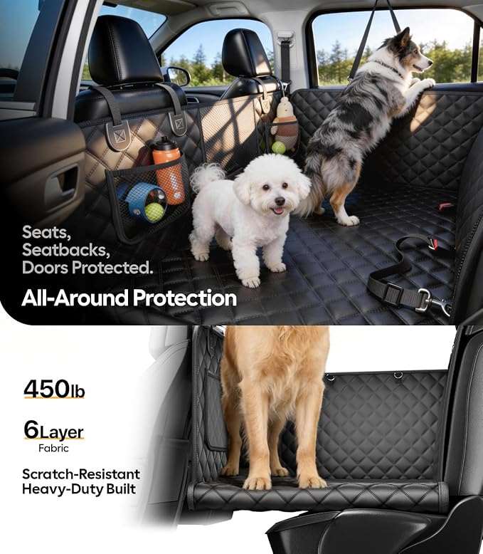 Wigoo Dog Car Seat Cover for Back Seat, 450lb Hardbottom Dog Hammock,Waterproof & Anti-Scratch Backseat Protector for 1-4 Large/Medium Dogs, Seat Extender for SUV Medium Truck, Size-L, Black+Orange