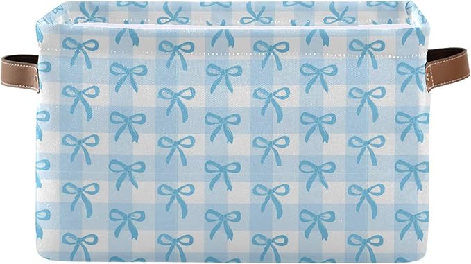 Wamika Bow Blue Storage Basket with Waterproof Liner and PU Handles Bowknot Cute White Storage Bins Boxes 14.2" Collapsible Decorative Organizer Baskets for Bedroom Closet Office 1 Pack
