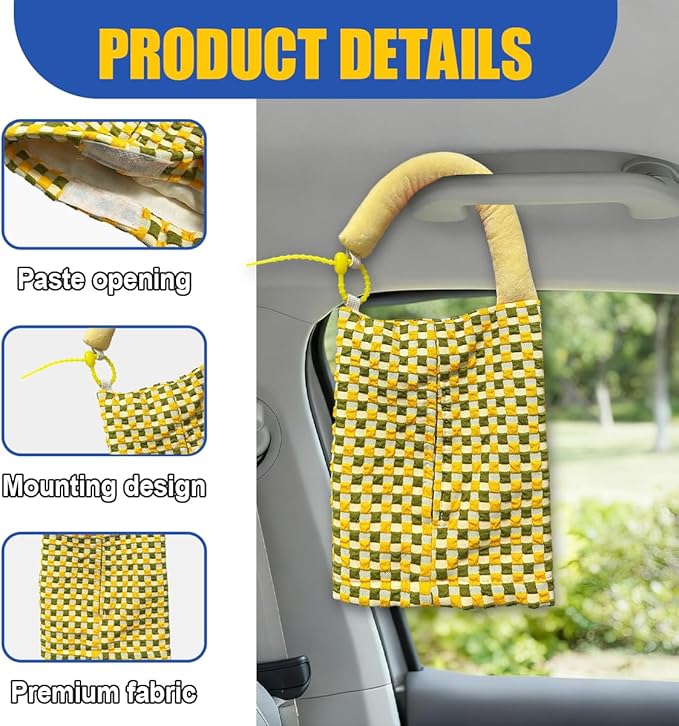 Car Tissue Holder, Checkered Pattern Car Backseat Napkin Holder, Rectangular Canvas Hanging Auto Tissues Box, Universal Vehicle Storage Organizer Accessory for Phone, Small Items (Green)
