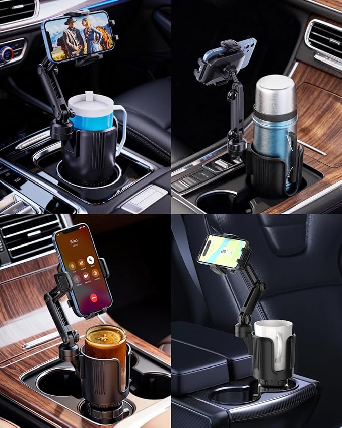 Cup Phone Holder for Car with Expandable Base, Upgraded 2 in 1 Hands Free Cellphone Holder Cupholder Car Mount, Stable Retractable Long Arm Universal Fit iphone and Large Bottle, for Truck SUV