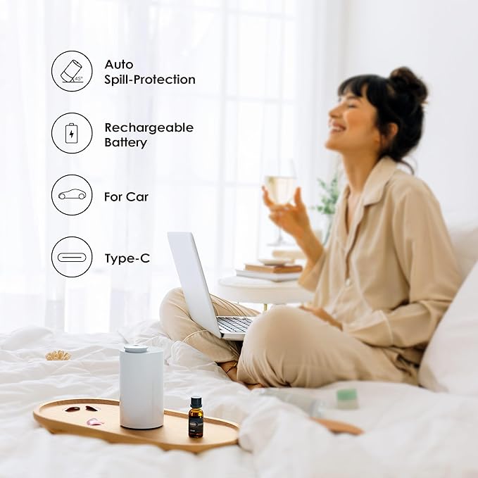 Airversa Waterless Diffuser for Essential Oil, Car Diffsuer, Battery Operated Nebulizer, 0.7 Fl Oz/ 20mL, Mini Scent Air Machine, 3 Timers & 3 Mist Levels for Home, Room, Car, Office - AN6 Black+White