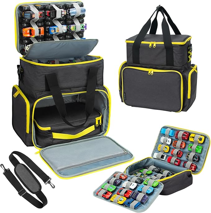KISLANE Tote Toy Cars Storage Bag with Inner Pouches – Holds 96 Cars and 24 Monster Trucks, Toy Cars Organizer Storage for Matchbox, Monster Trucks (Yellow)