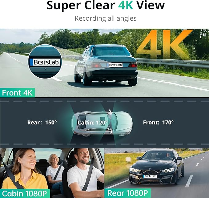BOTSLAB 3 Channel Dash Cam 4K with ACC Hardwire Kit & 128GB TF Card, 3.18" Touch Screen, Voice Control, 4K Front and 1080P Rear Inside Loop Recording, 5.8GHz WiFi, GPS, Night Vision, WDR, Parking Mode