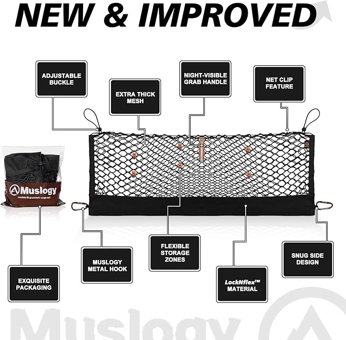Muslogy Envelope Style Trunk Cargo Net Compatible with 2023 2022 2021 2020 2019 Hyundai Santa Fe Accessories Custom Fit Trunk Organizer Upgraded Storage Luggage Net with Metal Hooks