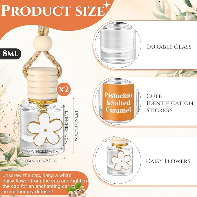 Siifert 2 Sets Hanging Car Air Freshener and Essential Oil Diffuser, Car Air Freshener Daisy Essential Oil Diffuser Long Lasting Automobile Aromatherapy (White,Pistachio & Salted Caramel)