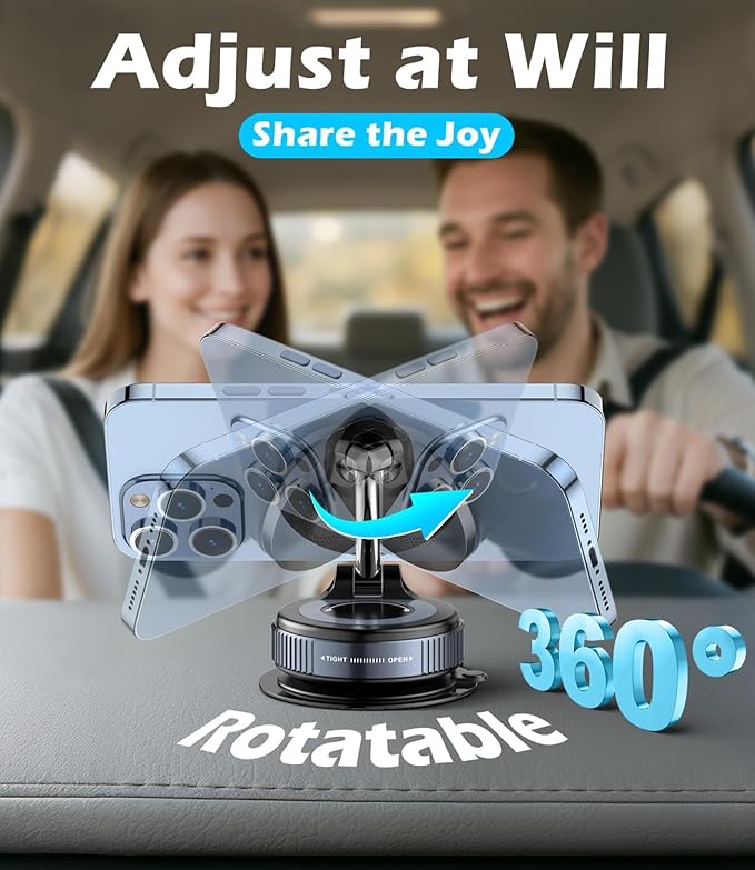 15W Wireless Charger Magnetic Car Phone Holder [Vacuum Suction Cup] 360° Adjustable & Foldable Car Mount for Dashboard/Windshield/Smooth Surface [Compatible with MagSafe] for iPhone/Samsung