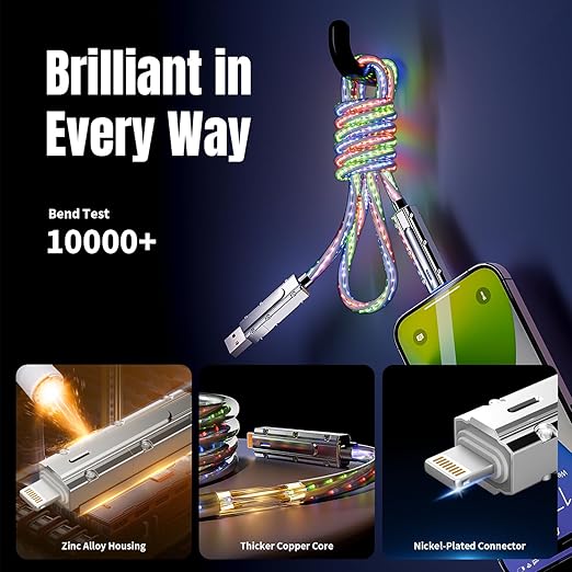 Travel Essentials,Dual Type-C 4 in 1 Multi Charging Cable, 3 FT Universal Charging Cables for All Devices, 2 USB-C/Lightning/Micro USB Port, Compatible with iPhone 17 16/15 Series/Phone/Tablet,66W