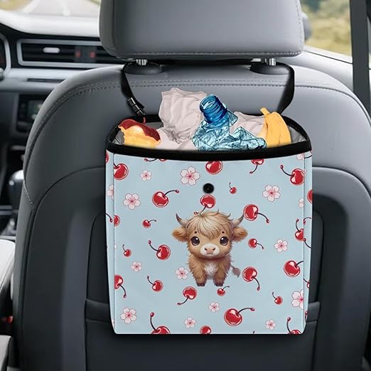 Car Trash Can Leak Proof Auto Trash Bag Hanging Vehicle Garbage Can Multipurpose Storage Container for Back Seat Car Accessories, Cherry Floral Highland Cattle Print