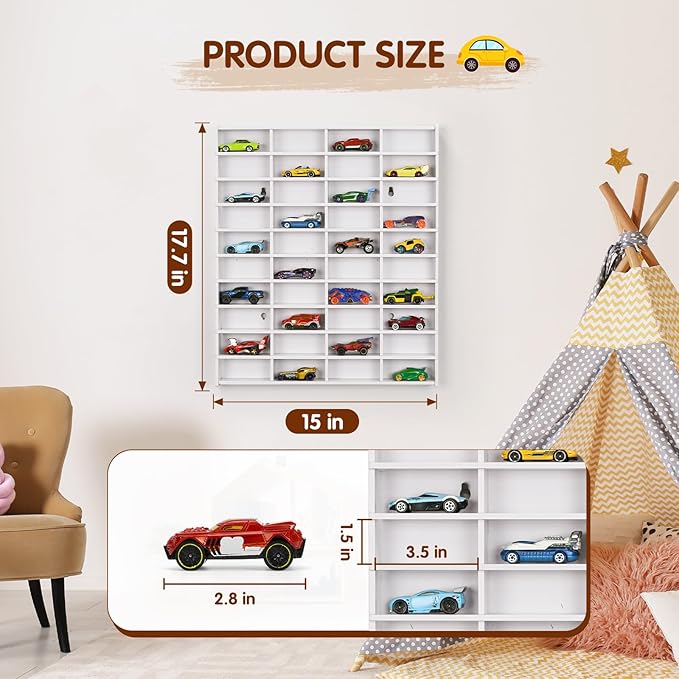 Toy Car Display Shelf, Holds 40 Diecast 1/64 Toys Car, Wall Mount Model Cars Storage Organize Case