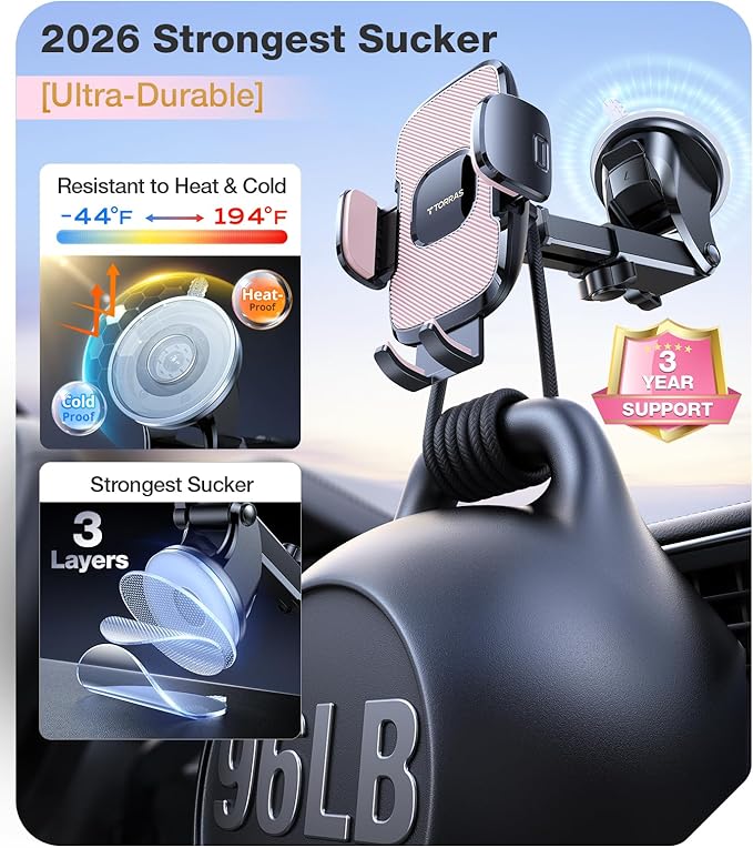 TORRAS Pink Phone Holders for Your Car【Ultra-Durable & Strongest Suction】, Universal Car Phone Holder Mount Truck Cradle Stand for Dashboard Windshield Vent, Pink Car Accessories