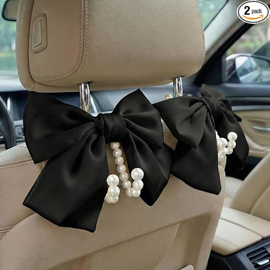 2PCS Satin Bow Pearl Car Seat Headrest Hooks – Car Bag Holder & Vehicle Hanger for Purses – Cute Coquette Aesthetic Interior Decoration – Cute Auto Organizer Accessories Universal (Black)