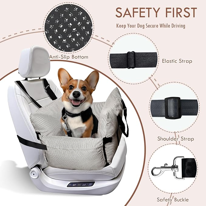 Dog Car Seats for Small/Medium Dogs Under 40 lbs - Elevated Pet Seat with Safety Belt, Non-Slip Base, and Storage Pockets for Car Travel,Brown