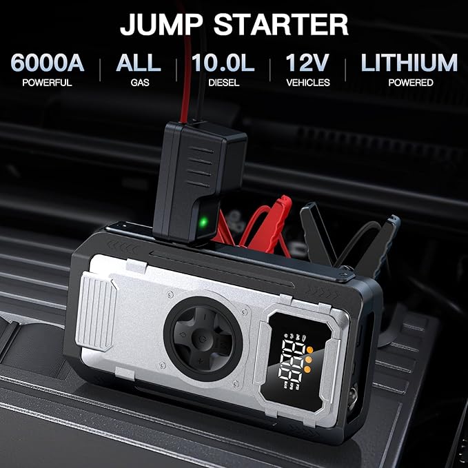 6000A Jump Starter with Air Compressor,150PSI Car Battery Tire Inflator (All Gas/10.0L Diesel Engines),12V Car Battery Jump Box with Jumper Cables, LCD Display, LED Light,Power Bank