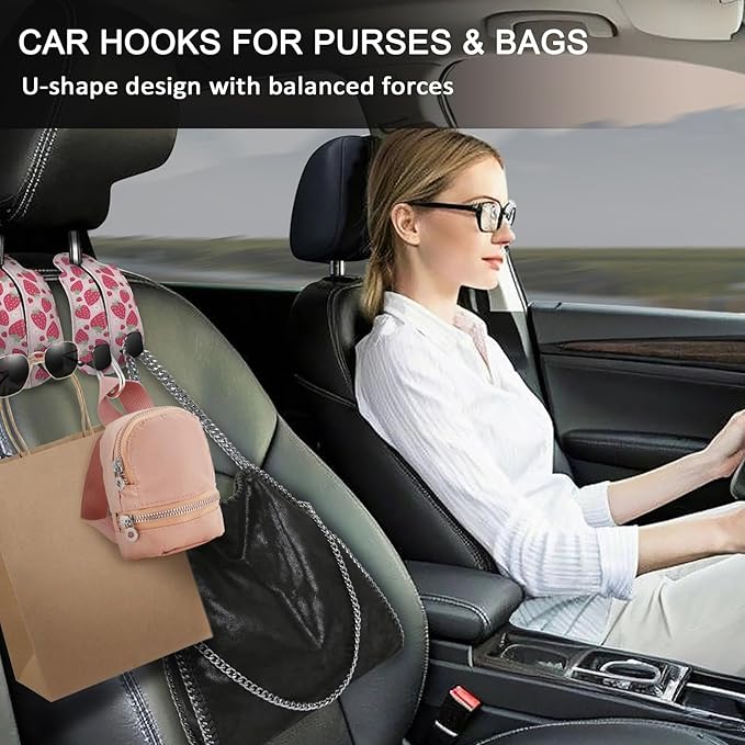 Blusabaca 2PCS Car Seat Back Storage Headrest Hooks, Cute Strawberry Purse Holder Bags Hanger, PU Leather Double Metal Hook for Backseat Organizer, Women Car Accessories Organization