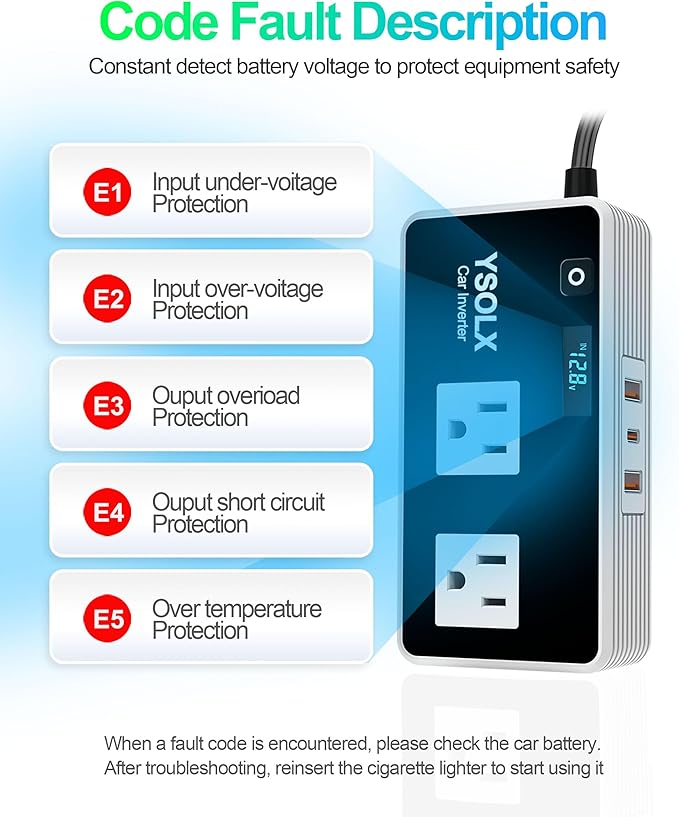 300W Car Power Inverters for Vehicles, YSOLX Car Inverter 12V to 110V with 3 USB Fast Charger and Car Plug Adapter Outlet for Laptop Computer Charger