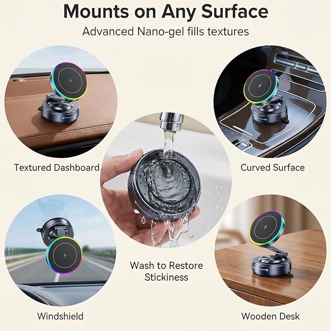 Vacuum Magnetic Phone Charging Holder Mount 15W Fast Wireless Charger for Car Magsafe 360° Adjustable Phone Holder with Nano Gel Suction Cup for iPhone 12-17 Pro Max (K5S)