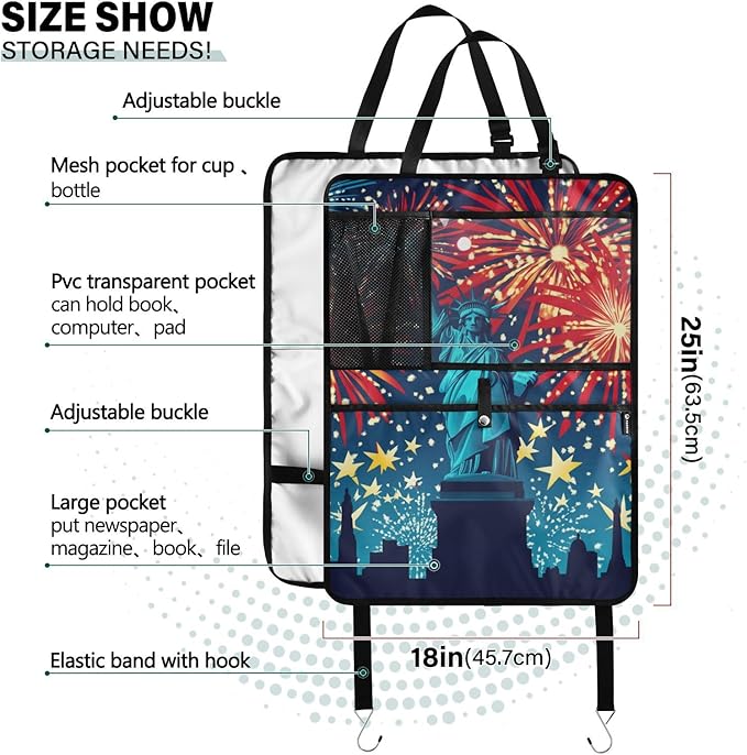 July 4th Fireworks Statue Of Liberty Blue 1 Pack Backseat Car Organizer with Storage Pockets Seat Back Organizers for Kids Kick Mats Backseat Protector Automotive