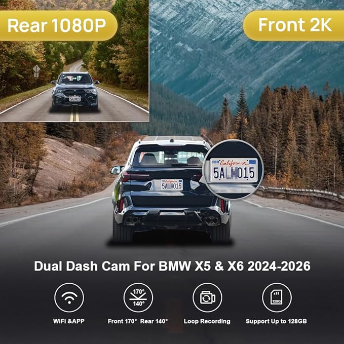Fitcamx Front 2K+Rear 1080P Dash Cam Adapts for BMW X5 X5 M Hybrid & X6 X6 M 2024-2026 (G05/G06), OEM Style, 2 Way Video, Built-in WiFi & APP, Loop Recording, G-Sensor, Easy to Set, 64GB Card