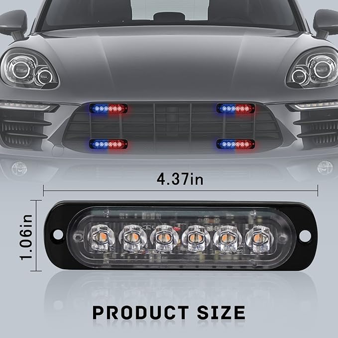 SEISSO 4-Pack 6 LED Strobe Lights Vehicles Trucks Emergency Strobe Lights Kit 12V -24V Warning Hazard Flash Lights Bar Grill Grille Surface Mount Super Bright Waterproof, Red/Blue