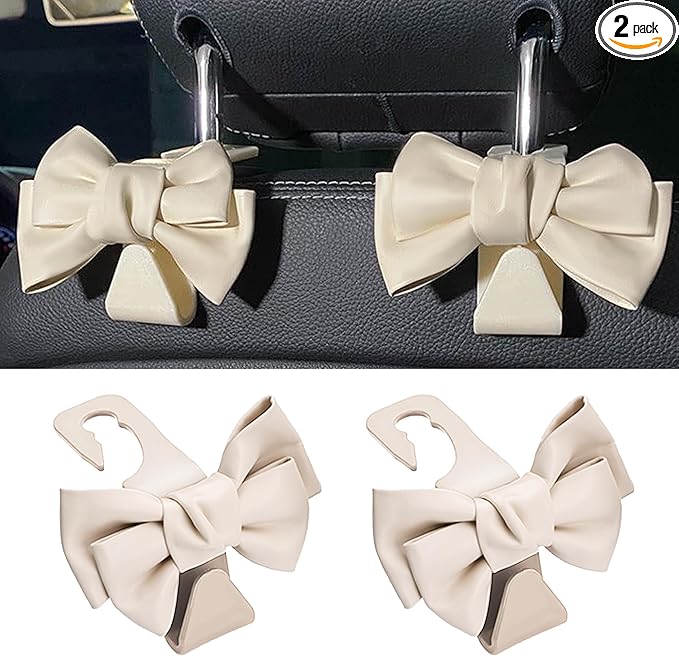 2 PCS Car Seat Headrest Hooks, Cute Bow Shaped Vehicle Backseat Storage Hooks, Leather Bow Shaped Sturdy Car Seat Back Hook for Purses/Coats (White)