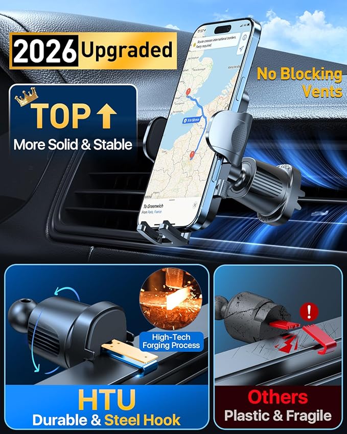 HTU【Upgraded Strongest Suction Car Phone Holder【Bendable Arm, Never Block View】 Rotatable Cellphone Mount for Dashboard Windshield Vent,Cradle Stand for iPhone 17 16 15 14 13 12 Pro Max, Light Gray
