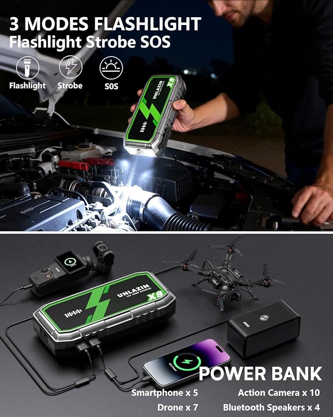 X8 Jump Starter 8000A Battery Jumper Starter Portable with Force Start, 12V Car Starter Jump Box & Battery Booster for All Gas & Diesel Engines, QC 3.0 Quick Charge, LED Light, Passenger Car