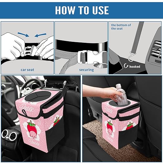 Milk Strawberry Collapsible Reusable Waterproof Trash Can with Lid - Automotive Garbage Can, Interior Car Organizer