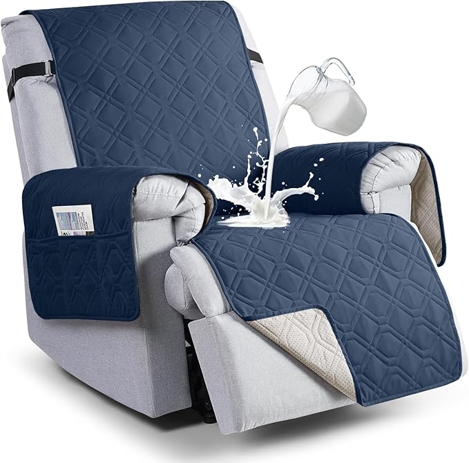 VANSOFY 100% Waterproof Recliner Chair Covers, Recliner Cover Non-Slip Dog Chair Cover Furniture Protector Washable Slipcover with Pocket, Elastic Straps for Pets, Dogs(Navy Blue, 25")