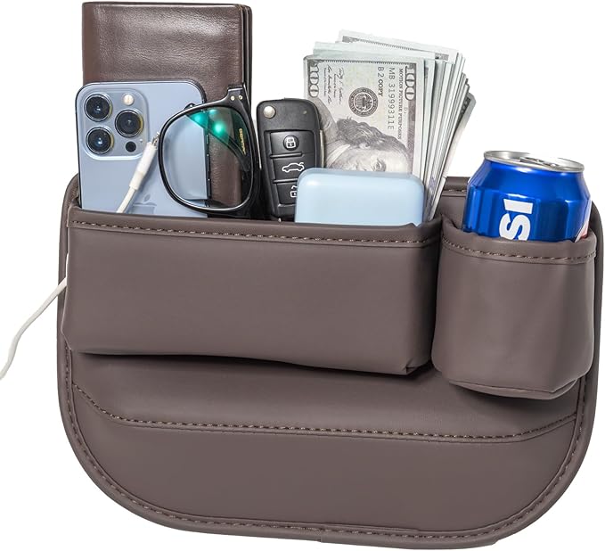 ETZAR Car Seat Gap Filler Organizer, Car Organizer, Seat Gap Storage Box with Cup Holders for Drink, Car Leather Cup Holder Gap Bag Front Seat for Holding Phone, Sunglasses,Keys（Brown Passenger Seat