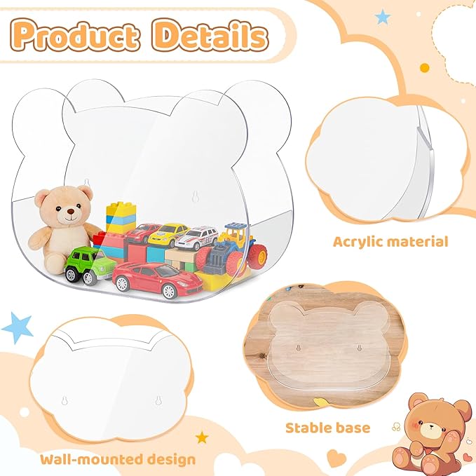 2 Pack Acrylic Wall Organizer, Acrylic Toy Dispenser for Wall, Bear Shape Toy Storage Display with Back Panel Hanging Clear Holder for Blocks, Snacks, Cars