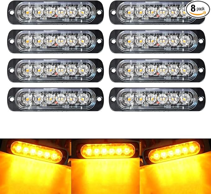 SEISSO 8-Pack 6 LED Sync Feature Amber Strobe Lights Vehicles Trucks Emergency Strobe Lights Kit 12V -24V Warning Hazard Flash Strobe Lights Bar Grill Grille Surface Mount Super Bright Waterproof