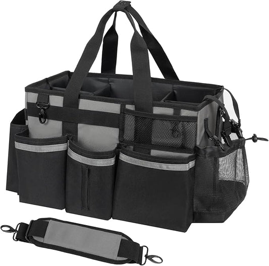Wearable Cleaning Caddy, Cleaning Caddy Supplies Organizer with Handle & Shoulder Straps for Housekeepers, Under Sink & Car Cleaning Tool Organizers Bag with 4 Foldable Divider (MediumGrey)