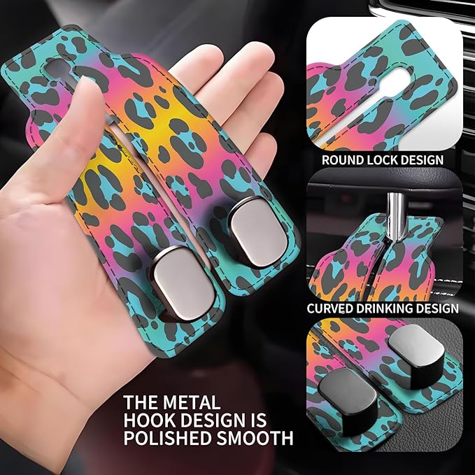 Car Seat Back Storage Headrest Hook, Premium Leather Double Metal Hook, Hanger Storage Organizer for Purse Cloth Bag, Car Interior Accessories Colorful Cute Leopard
