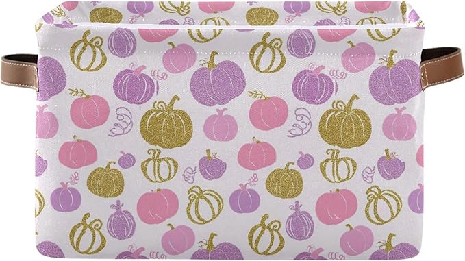 Wamika Pumpkin Pink Purple Storage Basket with Waterproof Liner and PU Handles Fall Thanksgiving Day Storage Bins Boxes 14.2" Collapsible Decorative Organizer Baskets for Bedroom Closet Office 1 Pack