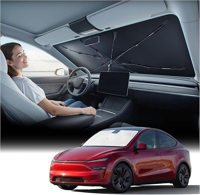 Nmoiss Windshield Sun Shade Umbrella for Tesla Model Y & Model 3 - [Vinyl Coating Heat Shield] Protect Car from Sun Rays & Heat Damage Keep Cool and Protect Interior, Spring Structure Edge