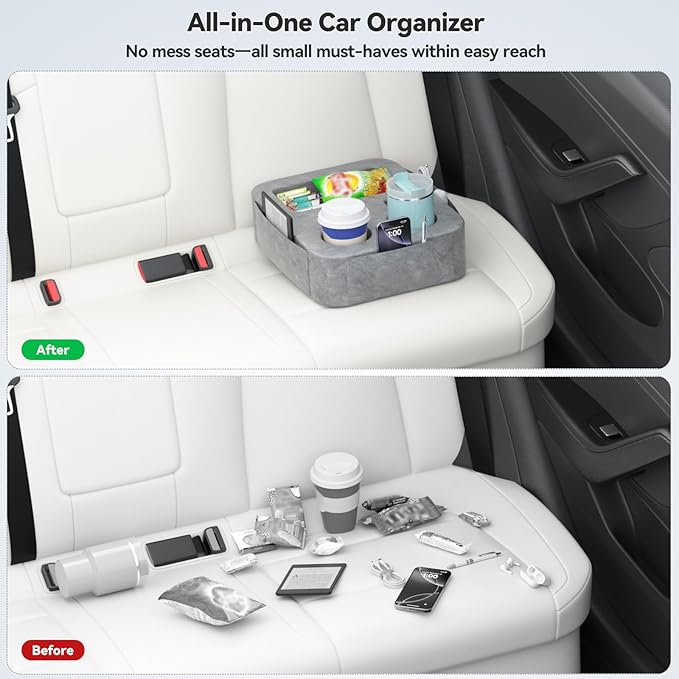 Car Cup Holder Pillow, Backseat Car & Bench Seat Cup Holder for iPad, Switch, Controllers, Remotes, Glasses, Drink Holder for Car, Couch, Bed, Desk, Camping, Automotive Cup Holders, Sofa Caddy, Gray