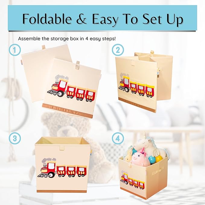 Washable Toy Box Storage Cube, Canvas Toy Chest Organizer Foldable Kids Toy Storage Organizers for Child's Bedroom or Playroom -13x13x13 Inch (Train)