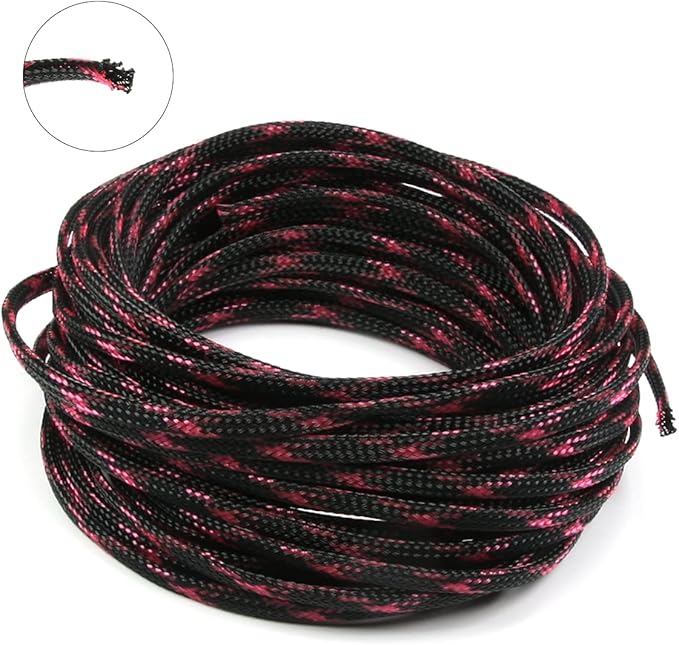 Aicosineg Cable Sleeve Braided Sleeving PET Wire Loom Tubing Cable 32.81ft-1/6inches Wrap Protector for HiFi Audio and Video Headphone Cable Protect Wires from Chewing of Pets Black and Pink