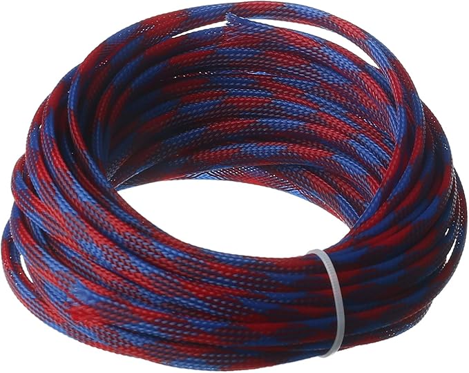 Aicosineg 32.81ft PET Flexible Braided Cable Sleeve 0.25inch Width Wire Loom Sleeving and Organizer Flexible Wire Mesh Sleeve Wrap Protector for TV Audio PC Cords from Pets Chewing Blue and Red