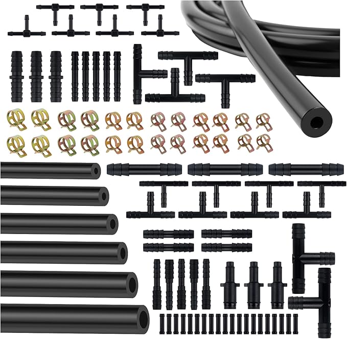 6PCS 5Ft Silicone Vacuum Hose Automotive Kit,ID 3/8",5/16",1/4",3/16",5/32",1/8" Vacuum Lines Automotive with Tee/Straight/Reducer Connector & Clamps,Professional Vacuums Line Kit (94PCS)